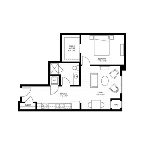 Floor plan for 1 bed, 1 bath, 681 sqft